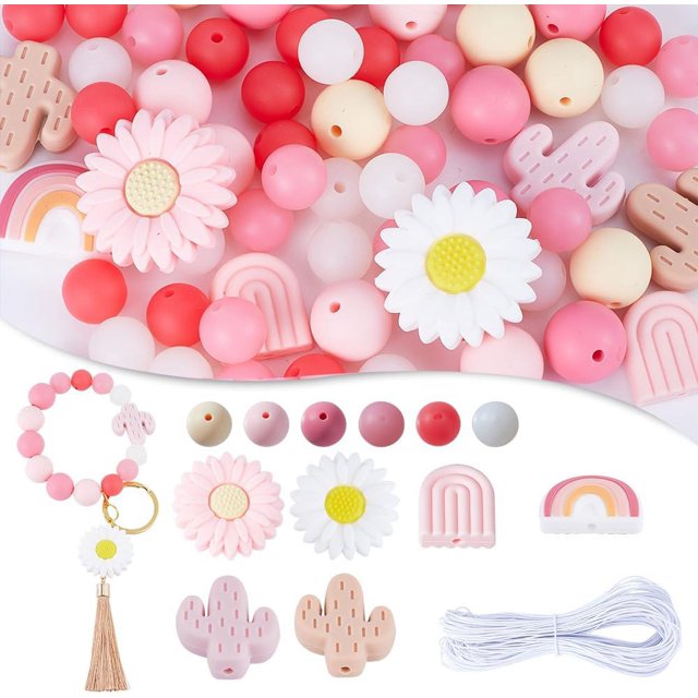 1 Box 100+PCS 14mm Pink Silicone Beads with String Flower Focal Beads
