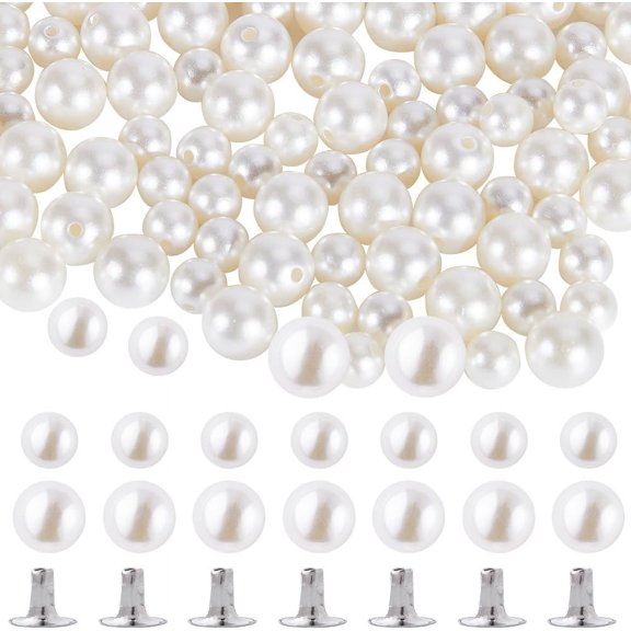 1 Box 100 Set 2 Sizes Large Pearl Rivets Imitation Pearls Studs Round White Screw Stud Rivet Beads Buttons with Pins Kit for DIY Craft Clothes Hats Shoes Crafts Supplies