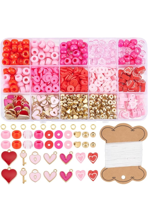 1 Box 1000+Pcs Red Heart Beads Valentine's Day Polymer Clay Beads Bulk Flat Round Heishi Beads Pink Double Sided Clay Beads Enamel Hearts Love Charms Lock Keys Charm for Jewelry Making Kits for DIY