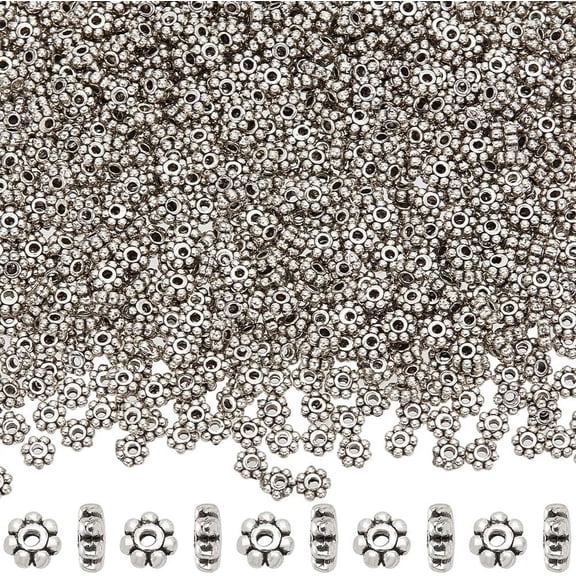 1 Box 1000Pcs 4.5mm Flower Spacer Beads Silver Daisy Metal Bead Bulk Tibetan Antique Alloy Mini Snowflake Rondelle Loose Charms Bead for Jewelry Making Supplies Bracelets Necklaces Earrings DIY