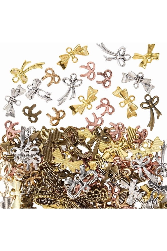 1 Box 100G Alloy Bow Charms Small Trinket Charms Mixed Bowknot Metal Vintage Antique Tibetan Punk Hanging Link Charm Pendant Findings for Jewelry Making Charms Necklaces Earrings DIY Crafts
