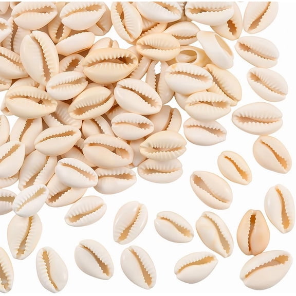 1 Box 100PCS 16~18MM Natural Cowrie Shell Beads Spiral Shells Summer Hawaii Beach Seashell Ocean Theme Smooth Oval Boho Open Back Loose Bead for Jewelry Making Necklaces DIY Craft Supply