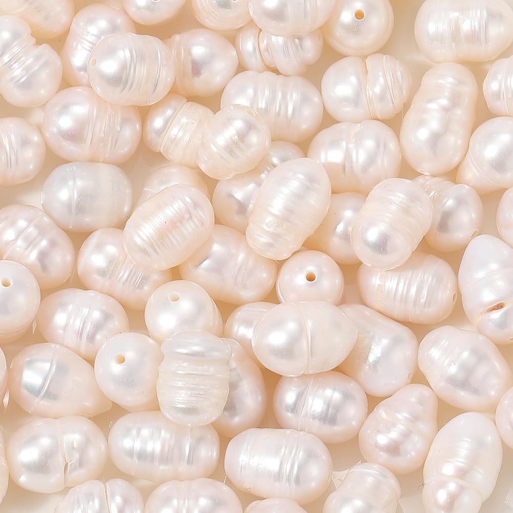 1 Box 100PCS Beige Baroque Natural Rice Shaped Pearls Beads with Holes Irregular Cultured Freshwater Summer Oval Loose Pearl Bead Bulk for DIY handcrafting