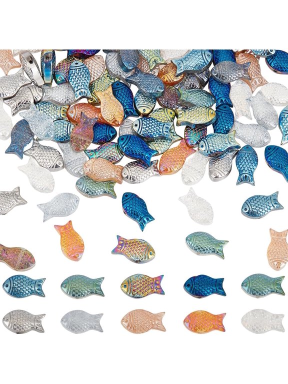 1 Box 100Pcs 10 Colors Electroplate Glass Beads Fish Bead Carved Summer Colorful Cute Fishbowl Sea Ocean Animal Bead for Crafts DIY Jewelry Keychain Bracelet Necklace Making Bead Assortments