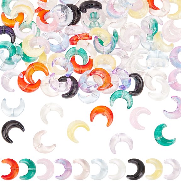 1 Box 100Pcs 10 Colors Glass Moon Beads Celestial Bead Frosted Drilled Colorful Gradient Clear Transparent Sky Crescent Shaped Bead for Crafts