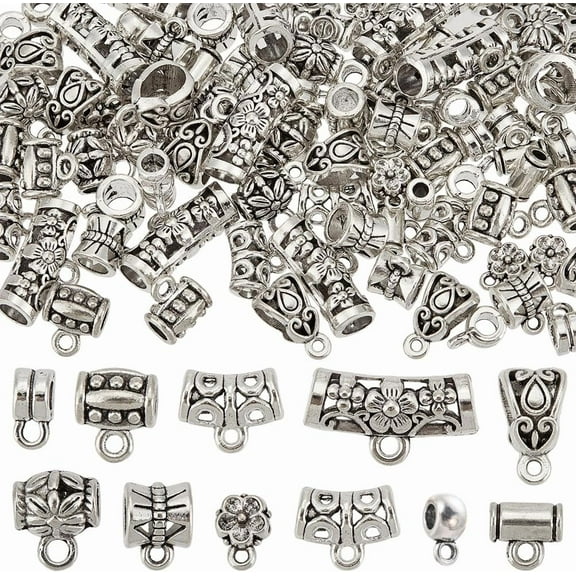 1 Box 100Pcs 10 Styles Bead Hanger Charm Silver Links Bail Beads Bulk Metal Alloy Tibetan Connector Column Dangle Spacer Charms Bead for Jewelry Making Necklace Bracelet DIY Crafts Silver