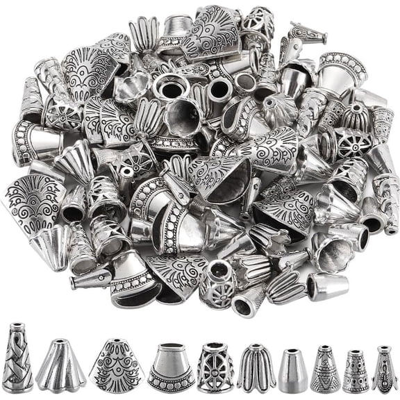 1 Box 100Pcs 10 Styles Cone Bead Caps Silver Bead End Caps with Hole Alloy Tibetan Style Small Textured Spacer End for Jewelry Making Necklaces Bracelets Earrings Supplies DIY Crafts SilverDIY