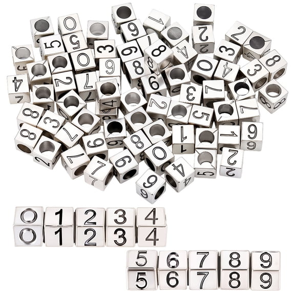 1 Box 100Pcs 10 Styles Number Beads Square Silver Metal Cube Bead 7x7mm 0-9 Numbers Metal Loose Charm Large Hole Spacers