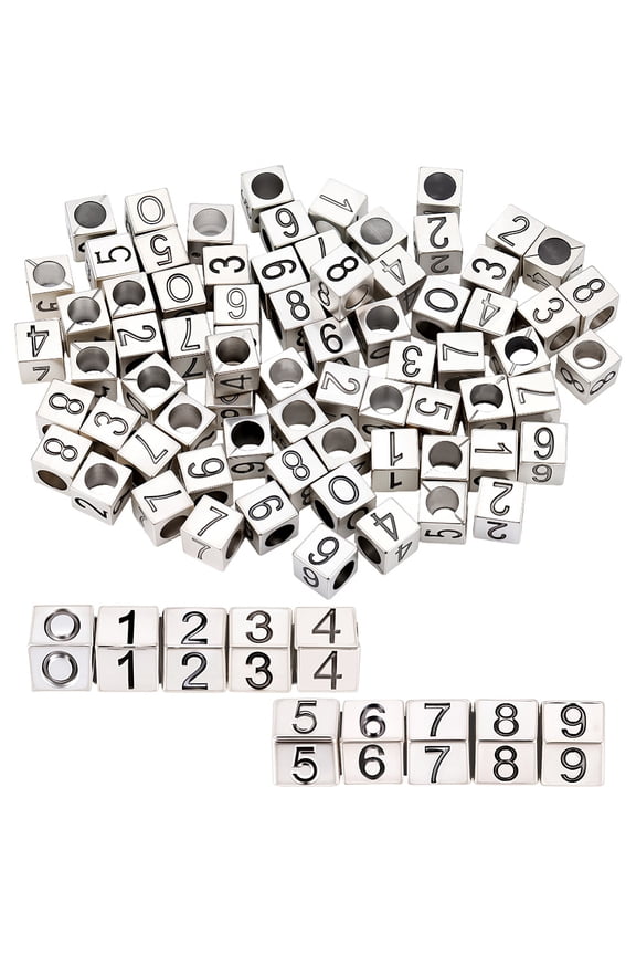 1 Box 100Pcs 10 Styles Number Beads Square Silver Metal Cube Bead 7x7mm 0-9 Numbers Metal Loose Charm Large Hole Spacers