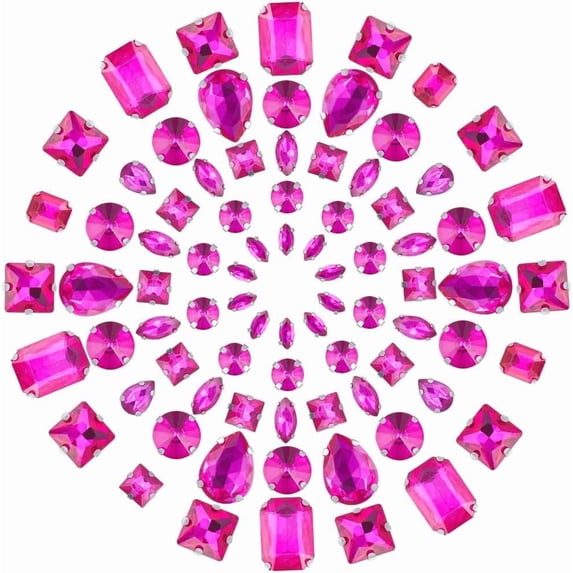 1 Box 100Pcs 10 Styles Sewing Gems Sew On Rhinestones Silver Claw Flatback Gemstones with 4 Holes Teardrop Round Square Mix Shape Glass Rhinestone for DIY Embellishments Crafts Hot Pink