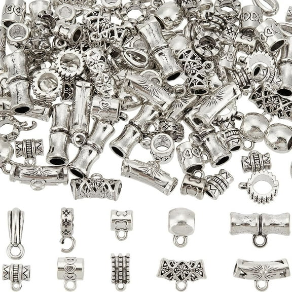 1 Box 100Pcs 10 Styles Silver Connector Beads Bail Bead Charms Bulk Metal Alloy Tibetan Links Hanger Column Dangle Spacer Charms Bead