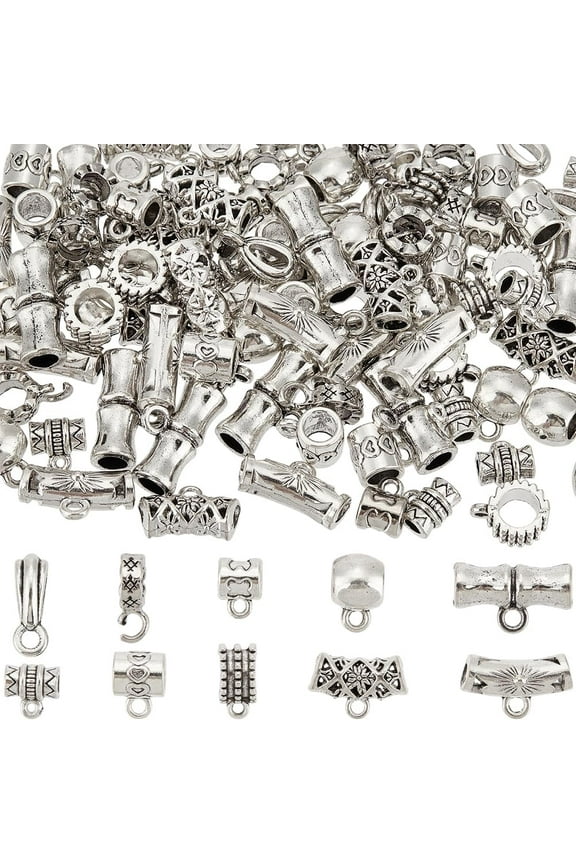 1 Box 100Pcs 10 Styles Silver Connector Beads Bail Bead Charms Bulk Metal Alloy Tibetan Links Hanger Column Dangle Spacer Charms Bead