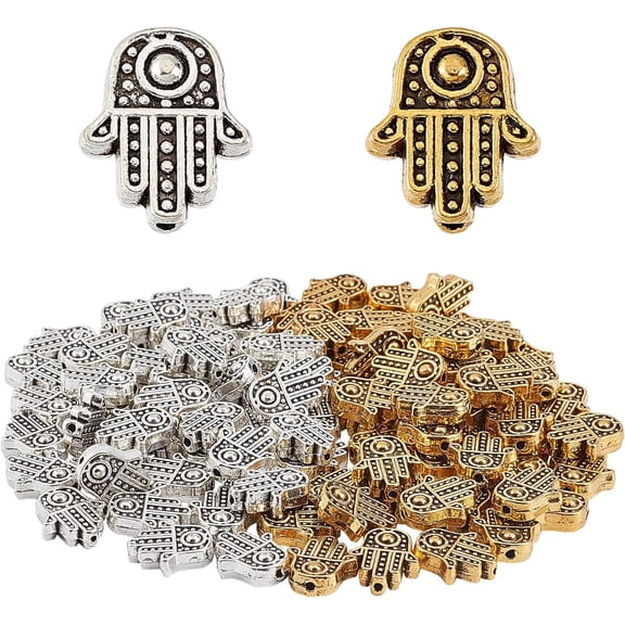 1 Box 100Pcs 2 Colors Hamsa Hand Beads Alloy Hand of Fatima Miriam Loose Spacer Bead Charms Tibetan Style for Jewelry Making Bracelets Necklaces Crafts Supplies diy