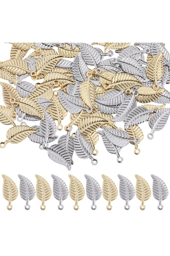 1 Box 100Pcs 2 Colors Leaves Charms Silver Stainless Steel Leaf Charm Bulk Spring Plant Gold Fall Small Tree Charm for Jewelry Making Charms