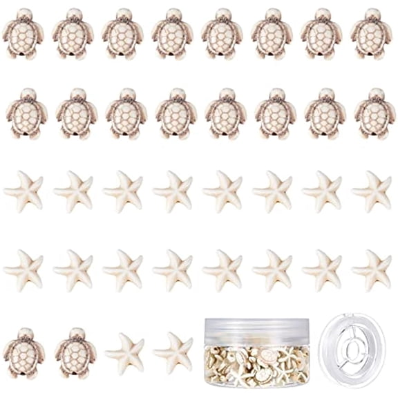 1 Box 100Pcs 2 Styles Tortoise Beads Starfish Beads Summer Beads for Jewelry Making Synthetic Turquoise Beads Turtle Charms Bulk Ocean Animal Spacer Beads Elastic Thread Bracelets Beige
