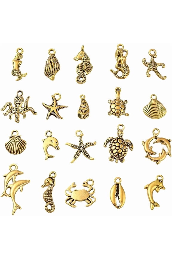 1 Box 100Pcs 20 Styles Gold Sea Life Charms Alloy Ocean Fish Charms Dolphin Shell Octopus Crab Beach Pendants for Jewelry Making Findings Necklace Earrings Adults Craft Beginner Women Gold DIY