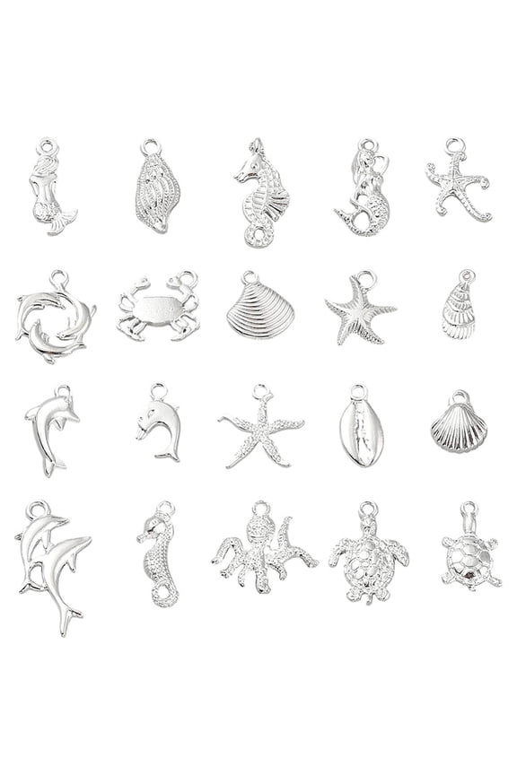 1 Box 100Pcs 20 Styles Sea Creatures Charms Marine Life Charms Bulk Summer Tibetan Seashell Fish Turtles Silver Ocean Pendants for Jewelry Making