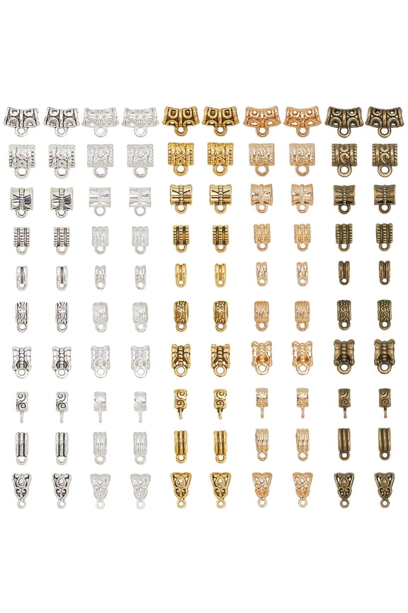 1 Box 100Pcs 5 Colors Charm Hanger Beads Small Bail Tube Beads Bulk Metal Gold Silver Bronze Tibetan Connect Links Loops Spacers