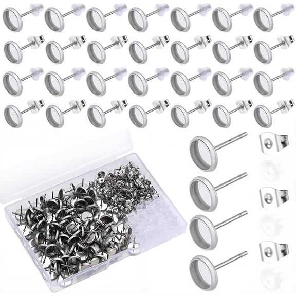 1 Box 100Pcs 8Mm Cabochon Stud Earrings Bezel Post Earrings Stainless Steel Hypoallergenic Ear Stud with Ear Nut Silver Flat Round Blanks Earring Posts