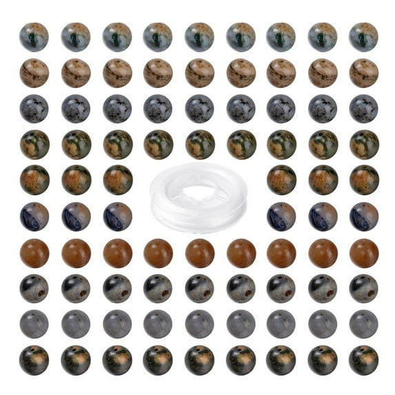 1 Box 100Pcs 8mm Natural Ocean Agate/Ocean Jasper Round Beads with 10m Elastic Thread for DIY Stretch Bracelets Making Kits 8mm Hole: 0.8mm