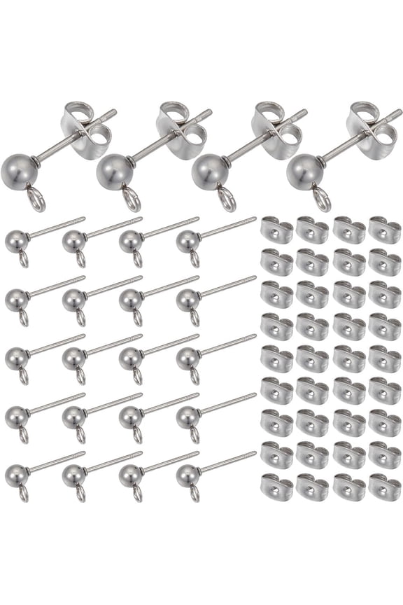 1 Box 100Pcs Ball Stud Earring Finding Hypoallergenic Earring Posts Silver Stainless Steel Ear Studs with Butterfly Ear Back and Loop Round Ears Posts for Jewelry Making Supplies DIY Craft