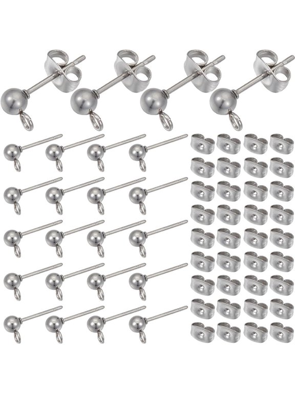 1 Box 100Pcs Ball Stud Earring Finding Hypoallergenic Earring Posts Silver Stainless Steel Ear Studs with Butterfly Ear Back and Loop Round Ears Posts for Jewelry Making Supplies DIY Craft