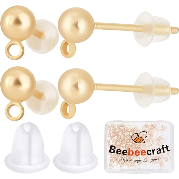 1 Box 100Pcs Ball Stud Earring Findings 18K Gold Plated Brass Earring Studs Posts with Loop 100Pcs Plastic Nuts for Jewelry Making for DIY