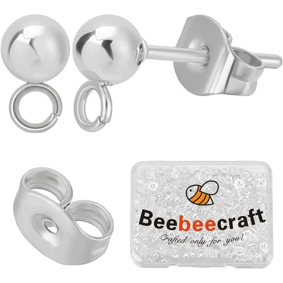 1 Box 100Pcs Ball Stud Earring Findings 925 Sterling Silver Plated 304 Stainless Steel Silver Round Post with Loop for Dangle Earring Jewelry Making DIY