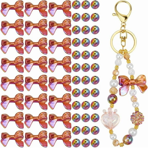 1 Box 100Pcs Bead Kits Acrylic Bows Beads Bulk Red Butterfly Bowknot Shaped Round Mini Loose Spacer Bead with Gold Foil
