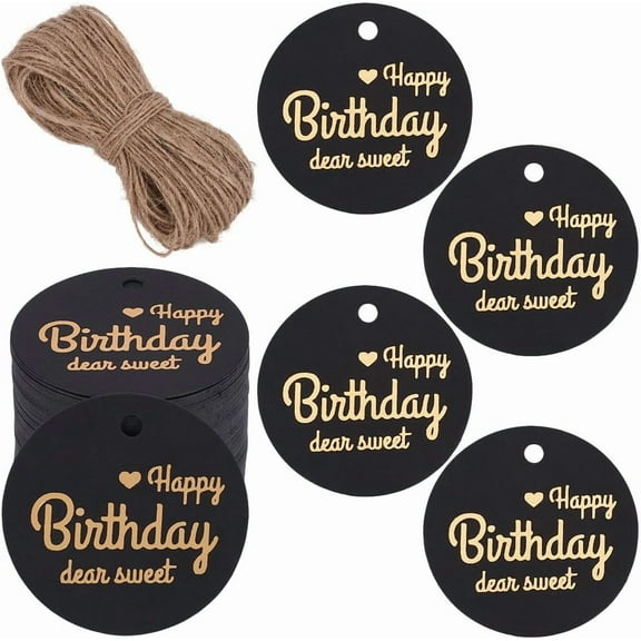 1 Box 100Pcs Black Happy Birthday Tags Gift Wrapping Labels 1.77in Large Flat Round Elegant Paper Hanging with Hole Jute Twine Present Tags for Gifts Birthday Party Favor Anniversaries Decor for DIY