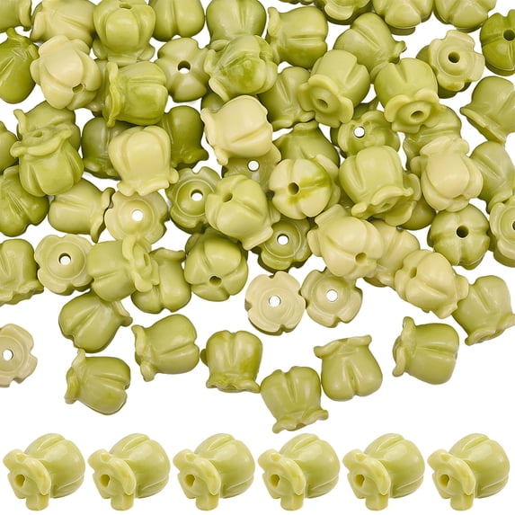 1 Box 100Pcs Carved Beads 3D Flower Beads Yellow Green Artificial Tulip Floral Small Two Tone Dyed Coral Smooth Loose Spacers Findings