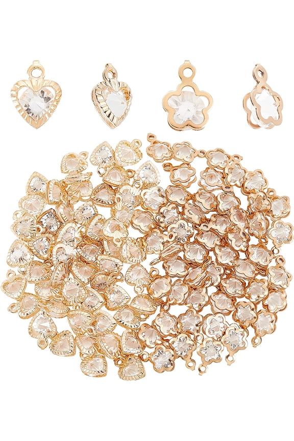 1 Box 100Pcs Cubic Zirconia Alloy Heart Shaped Charms Flower Shaped Rhinestone Pendants Crystal Alloy Dangles for Jewellery Making Earring Making Charms Necklace Bracelet Supplies Women
