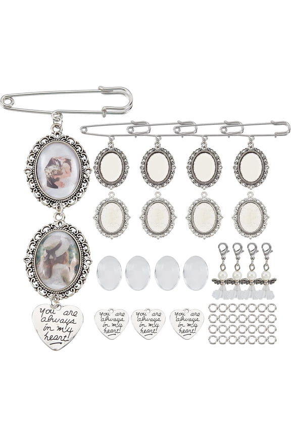 1 Box 100Pcs DIY 10 Sets Wedding Bouquet Photo Charms Making Kit Bridal Boutonniere Photo Charm Safety Pin Memory Brooch Lobster Setting Crafting Mixed Color