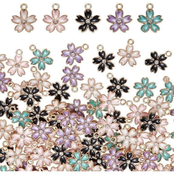 1 Box 100Pcs Enamel Flower Charms Bulk Sakura Charm Japanese Flowers Rhinestone Floral Cherry Blossom Charms Flowers Enamel Charm