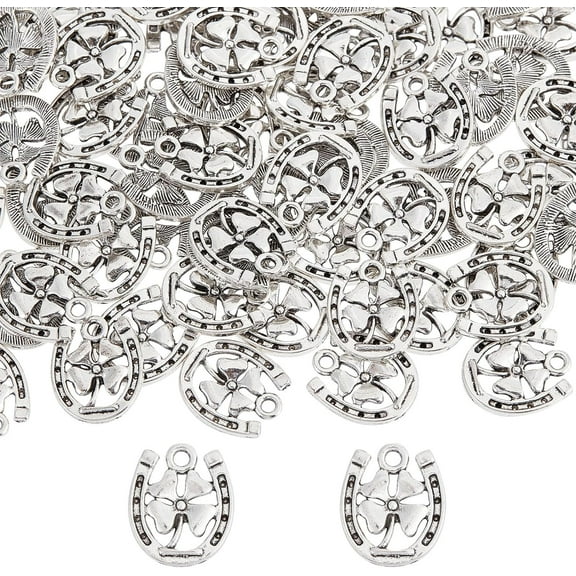 1 Box 100Pcs Horseshoe Charms Four Leaf Clover Charms Horse Shoe Charms Good Luck Western Cowboy Charm DIY Craft Bride Wedding Party Gifts Decoration Silver