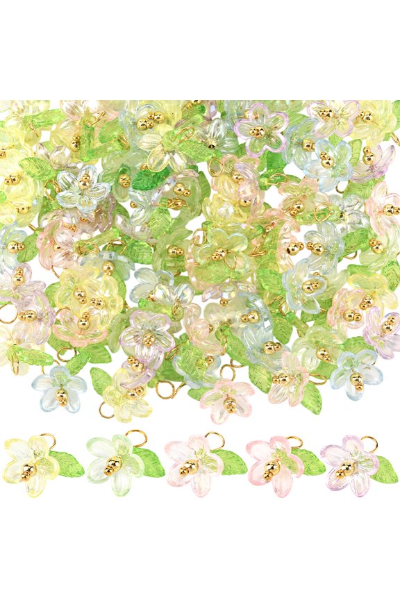 1 Box 100Pcs Leaf and Flower Charms Acrylic Flower Charm with Golden Brass Findings Plastic Transparent Spring Floral Pendants