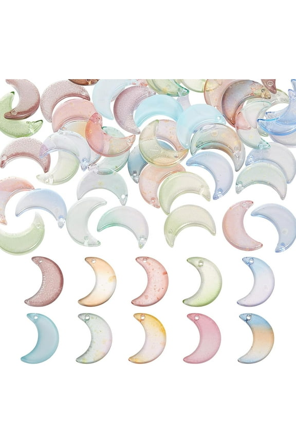 1 Box 100Pcs Moon Charms Bulk Glass Crescent Moon Charm Lot Gradient Colorful Transparent Small Moon Charm with Gold Foil Planet Charms for Jewelry Making Charm DIY Earrings Craft Colorful
