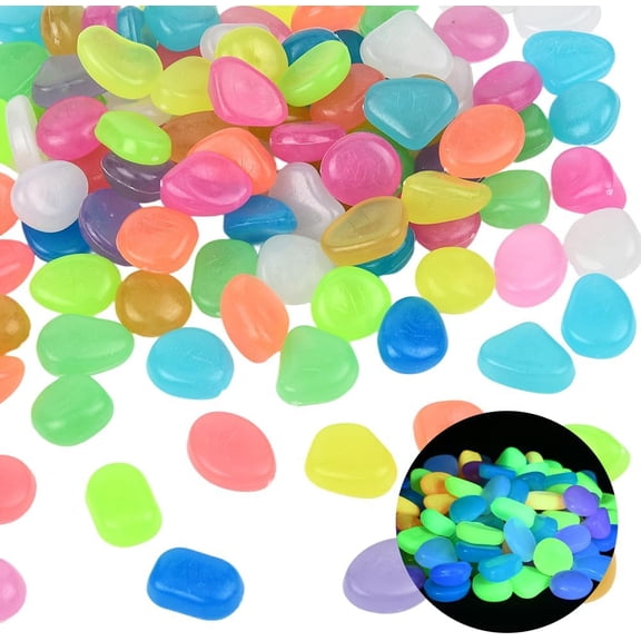 1 Box 100Pcs Multicolor Glow Rocks Fish Decor Glowing Resin Pebbles Luminous Aquarium Gravel Stones Garden Decor Accessories for Driveway Walkway Outdoor Pot Bonsai Landscaping Display Colorful