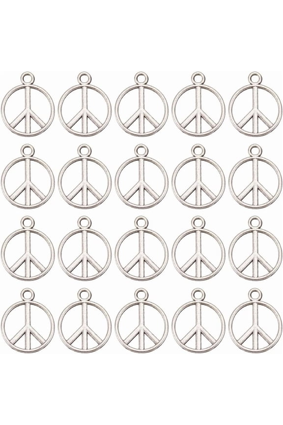 1 Box 100Pcs Peace Charms Bulk Peace Sign Charm Peace Logo Silver Vintage Alloy Flat Round Hollow Metal Symbol Charms for Jewelry Making Charms Earring Adults Craft DIY Supplies