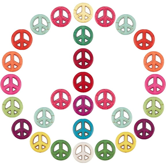 1 Box 100Pcs Peace Sign Beads Bulk Colorful Turquoise Bead Charms Flat Round Carved Hollow Elastic Thread DIY