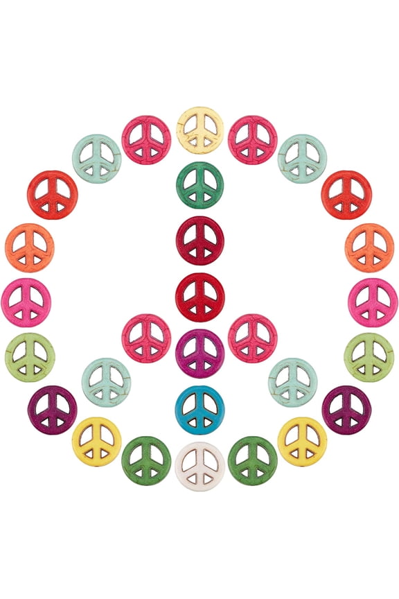1 Box 100Pcs Peace Sign Beads Bulk Colorful Turquoise Bead Charms Flat Round Carved Hollow Elastic Thread