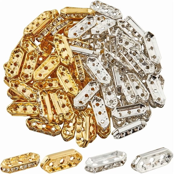 1 Box 100Pcs Rhinestone Spacer Beads 3 Hole Connector Bulk Sliver Gold Oval Alloy Metal Bar Link Rectangular Beads for DIY Making