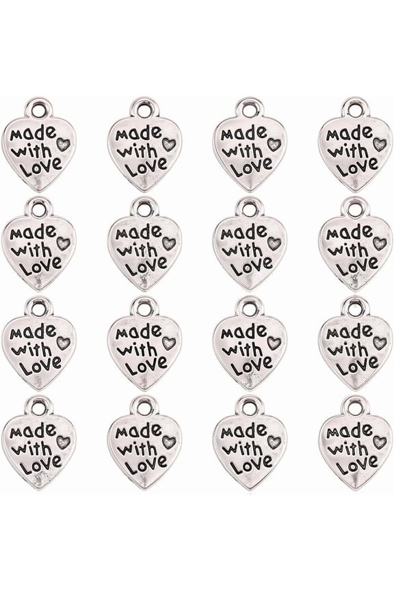 1 Box 100Pcs Silver Heart Charms Made with Love Charm Bulk Metal Alloy Valentines Hearts Engraved Tags Labels Pendants for DIY handcrafting