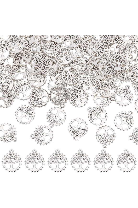 1 Box 100Pcs Silver Tree of Life Charms Metal Tree Charms Small Alloy Lucky Trees Antique Round Plant Charms for Jewelry Making Charms Diy Necklaces Earrings Bracelets Supplies Women Adults