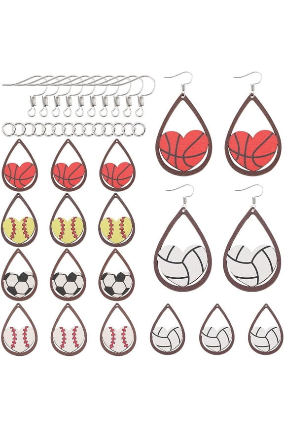 1 Box 100Pcs Sport Ball Dangle Earring Kit Wood Ball Charms Wooden Charm Sports Charms Sport Charm Soccer Basketball Baseball Charms