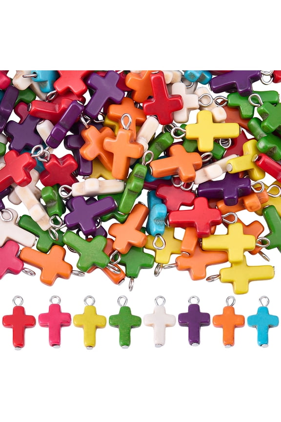1 Box 100Pcs Turquoise Charms Color Crosses Charms Bulk Colorful Random Dyed Alloy Ring Stones Easter Crucifix Pendants DIY