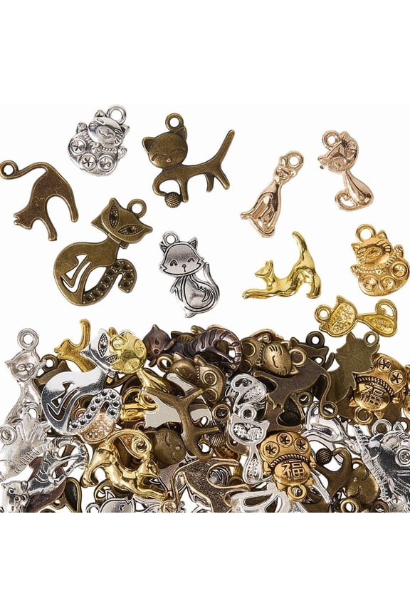 1 Box 100g Gold Cat Charm Bulk Kitty Charms Tibetan Alloy Silver Bronze Cats Pendants Animal Pet Charms