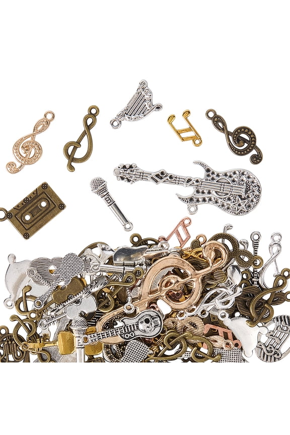 1 Box 100g Gold Music Note Charms Bulk Musical Instrument Charm Tibetan Alloy Silver Bronze Microphone Tape Guitar Charms for Jewelry Making