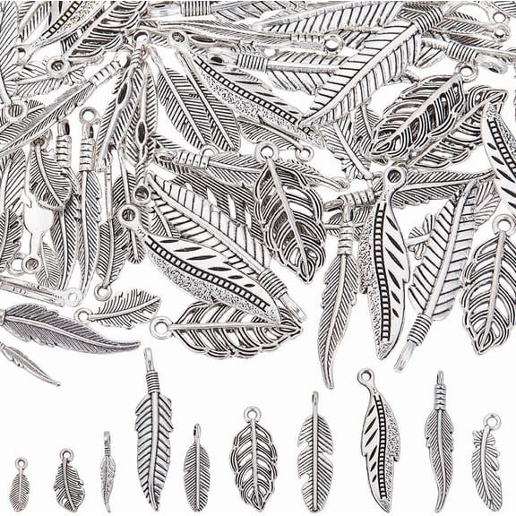 1 Box 100pcs 10 Styles Silver Feather Charms Bulk Leaf Charms Silver Alloy Tibetan Style Spring Autumn Metal Tree Leaves Charm For Jewelry Making Women Bracelet Crafting Projects Supplies Silver DIY