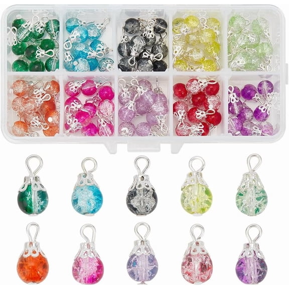 1 Box 100pcs Crystal Dangle Charms Crackle Glass Drop Beads Charms 10 Color Dangle Bead with Silver Bead Cap Drops Beads Charms Pendants for Jewelry Making Necklace Earring